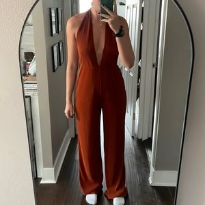 Burnt Orange Pleated 70s Style Jumpsuit